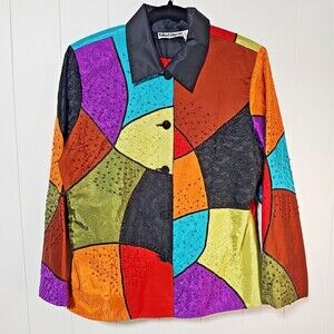 Vintage blutique Womens Beaded Artsy Patchwork Jacket Large Colorful NBC Sally